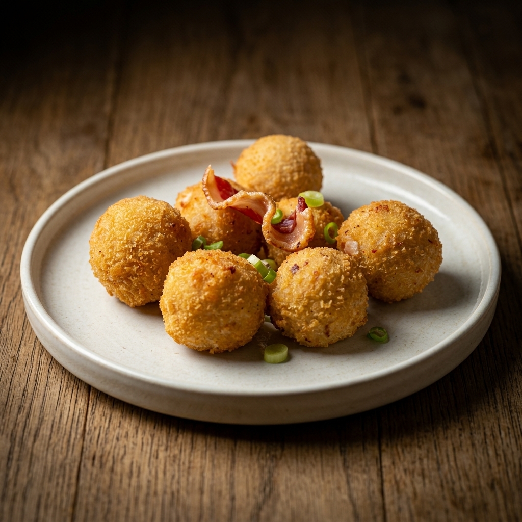 Ración de croquetas de ibéricos doradas y crujientes con virutas de torrezno