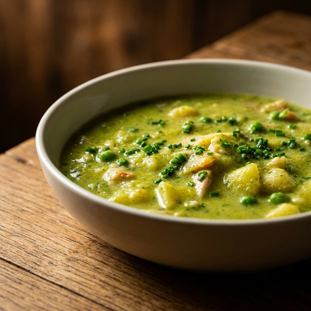 Plato hondo con cocochas de bacalao en una vibrante salsa verde