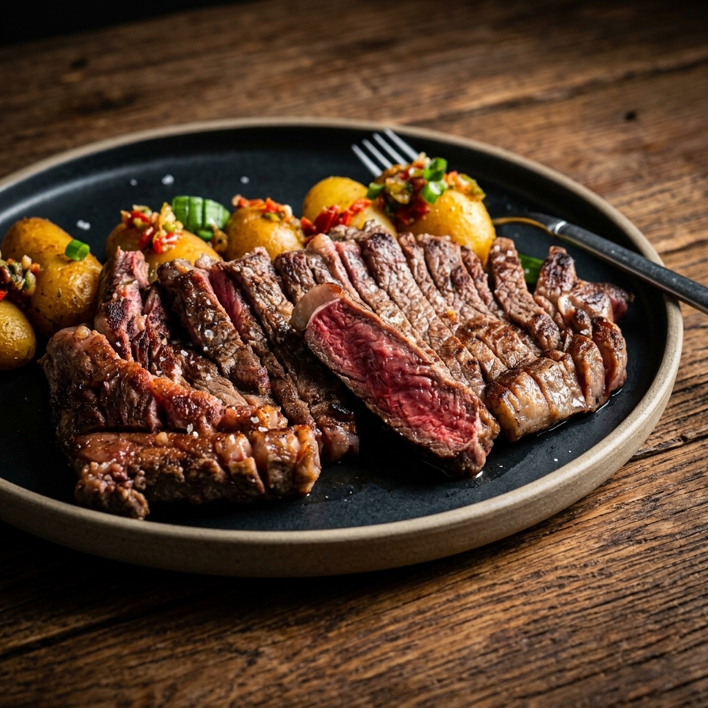 Corte de carne roja trinchada en su punto acompañada de patatas asadas
