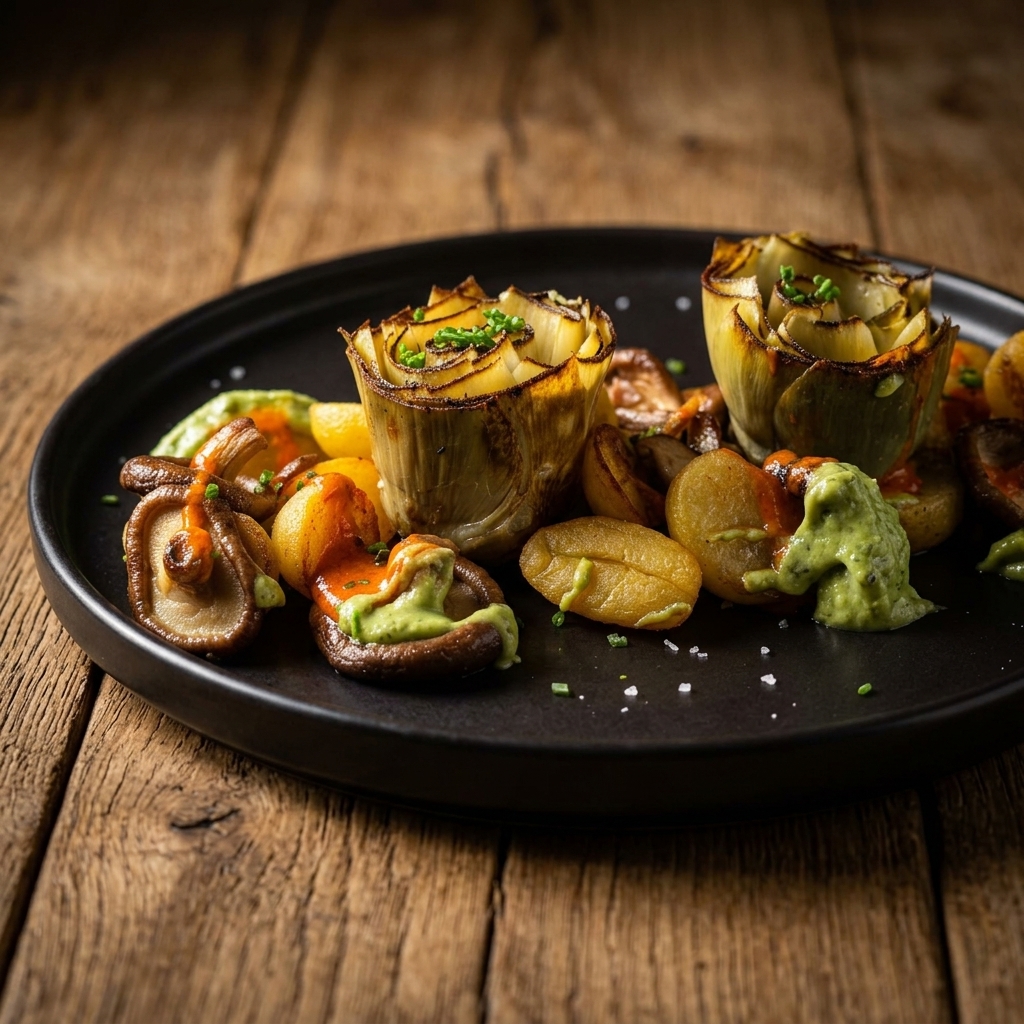 Plato de flores de alcachofa doradas con mojos canarios y shitakes