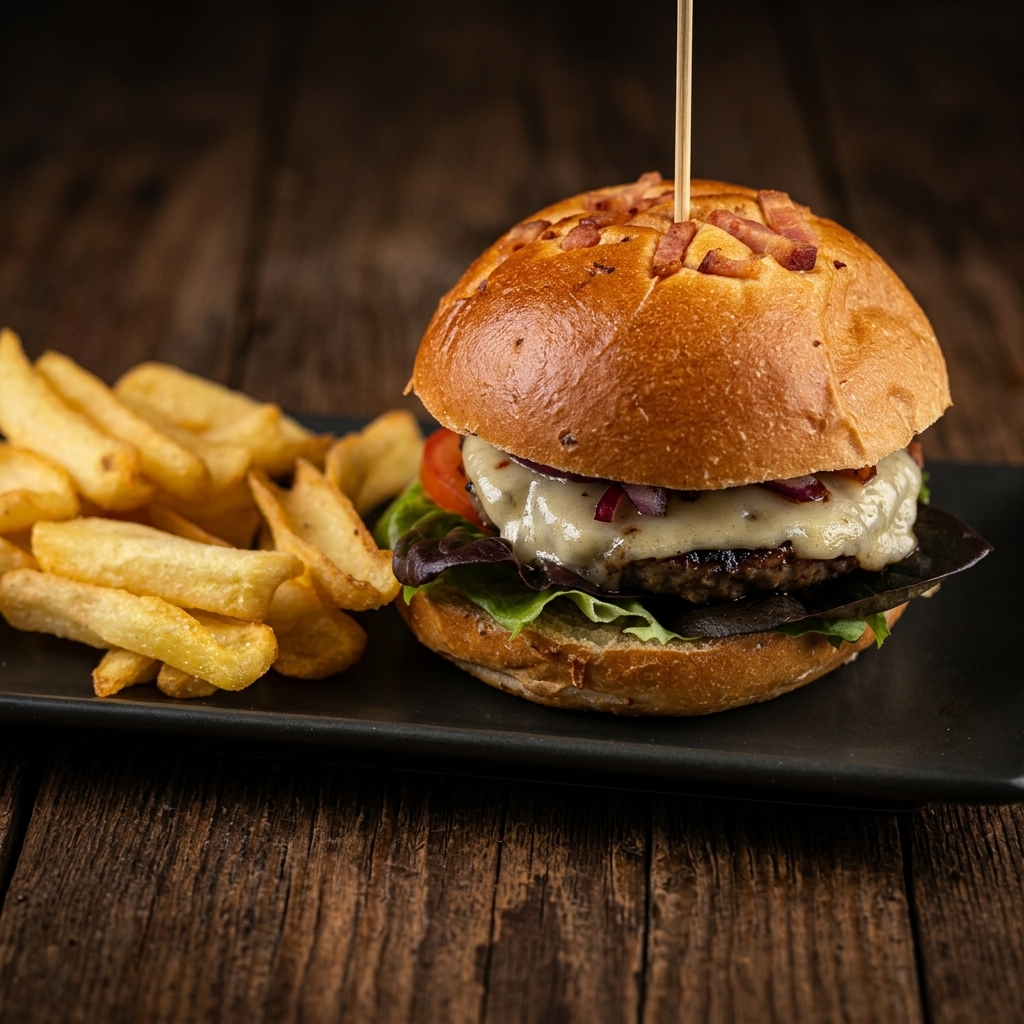 Hamburguesa de ternera con pan bacon y patatas fritas