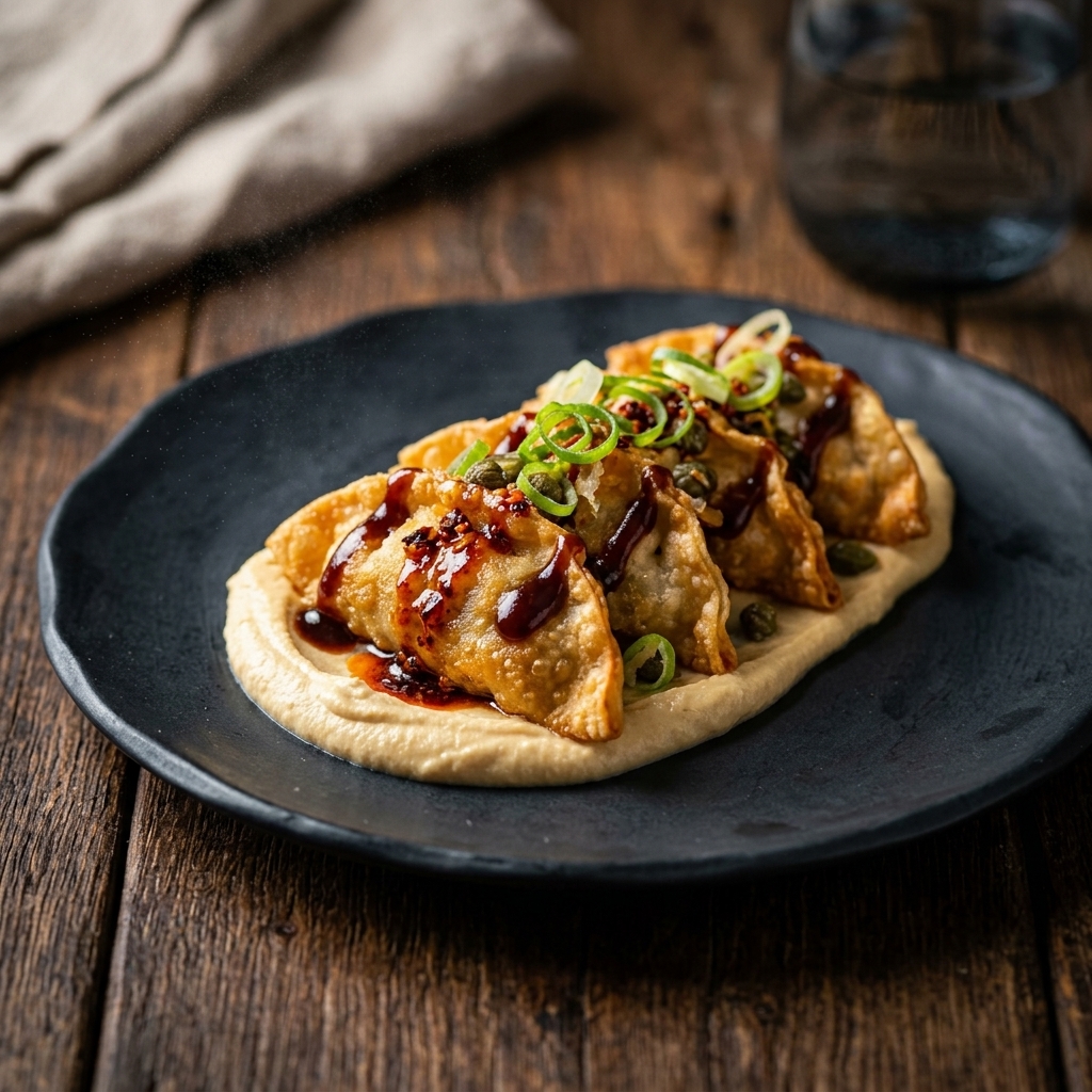 Dumplings de pollo y verduras sobre hummus y salsa hoisin