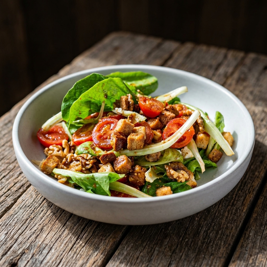 Ensalada fresca de hojas verdes con queso feta, tomate cherry y nueces