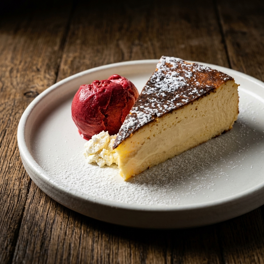 Porción de cremosa tarta de queso horneada con helado de frutos rojos