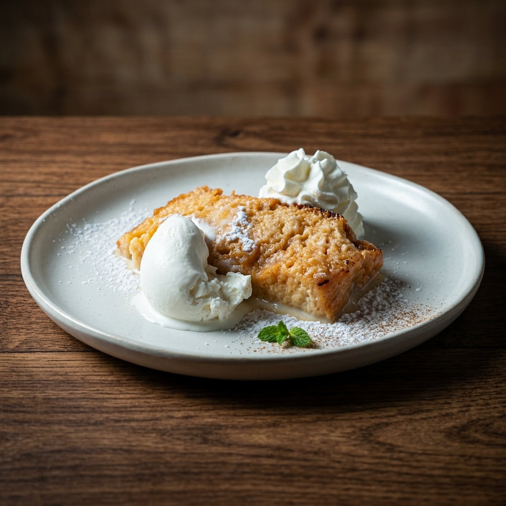 Deliciosa tarta de obrador artesanal servida con bola de helado blanco