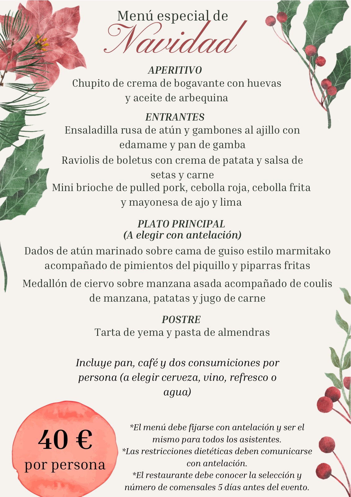 Menú especial de Navidad 40 euros en Restaurante Recaredo Toledo